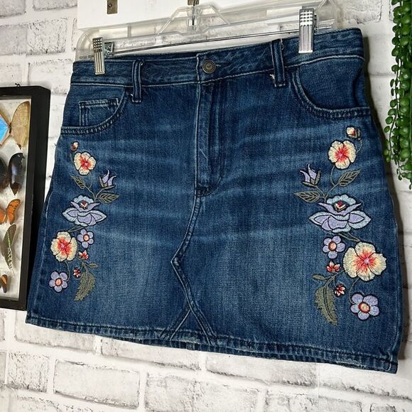 Hollister Hi Rise Cotton Skirt Floral Embroidery Jean Skirt Boho Hippie 9/29 - Picture 4 of 7